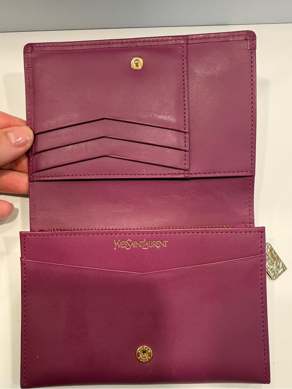 Yves Saint Laurent Embossed Logo Leather Wallet - Deep Berry/Purple - Picture 3 of 14